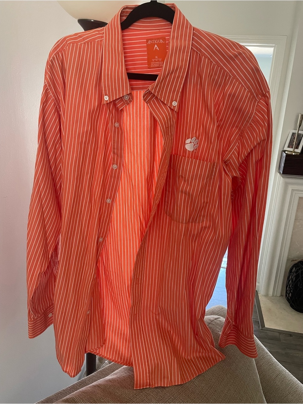 Antigua Orange Striped Button-Down Shirt with Clemson tiger paw